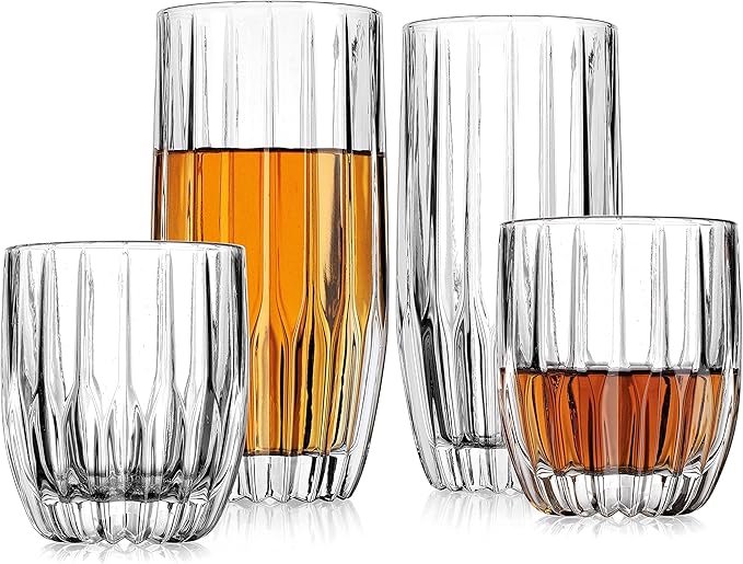 Godinger Drinking Glasses Set - 8pc Barware Set, Highball & Whiskey Glasses - 4 Highballs (12oz) and 4 Whiskey Glasses (10oz)