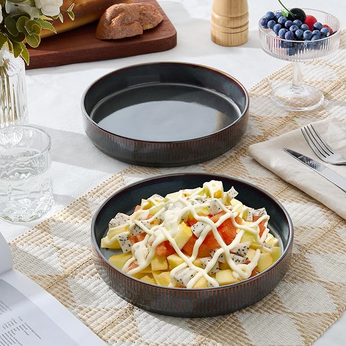 E-far Pasta Bowls Set of 4, 35oz Large Salad Bowl Plate for Dinner Serving, Wide & Shallow Ceramic Stoneware Pasta Plates, Microwave & Dishwasher Safe, Reactive Glaze Textured Stripes, Blackish Green