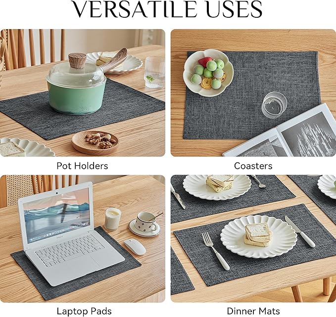Softalker Faux Linen Placemats Set of 6-12 x 18 Inch, Heat Resistant Double Layered Durable Burlap Farmhouse Place Mats, Non-Slip Washable Rustic Table Mats for Dining, Kitchen, Party（Dark Grey