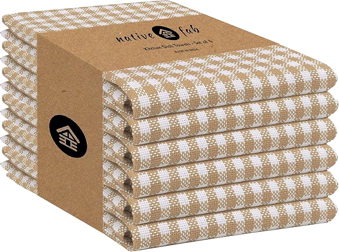 Native Fab 6 Pack Gingham Mini Check Kitchen Hand Towels Set - 100% Cotton Absorbent Reusable Washable 16"x26" - Quick Drying Dish Towels with Hanging Loops for Kitchen, Home, Bar, Beige White