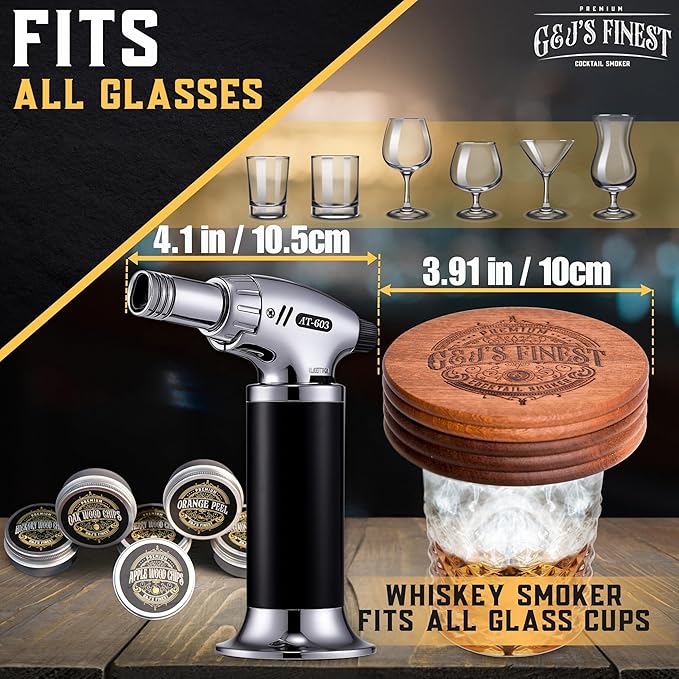 Whiskey Smoker Kit | Cocktail Smoker Kit| Bourbon Smoker Kit| Old Fashioned Smoker Kit with Torch & Glasses, 6 Wood Chips & Gift Box for Smoking Drinks| Whiskey Gift for Men (No Butane Incl.)