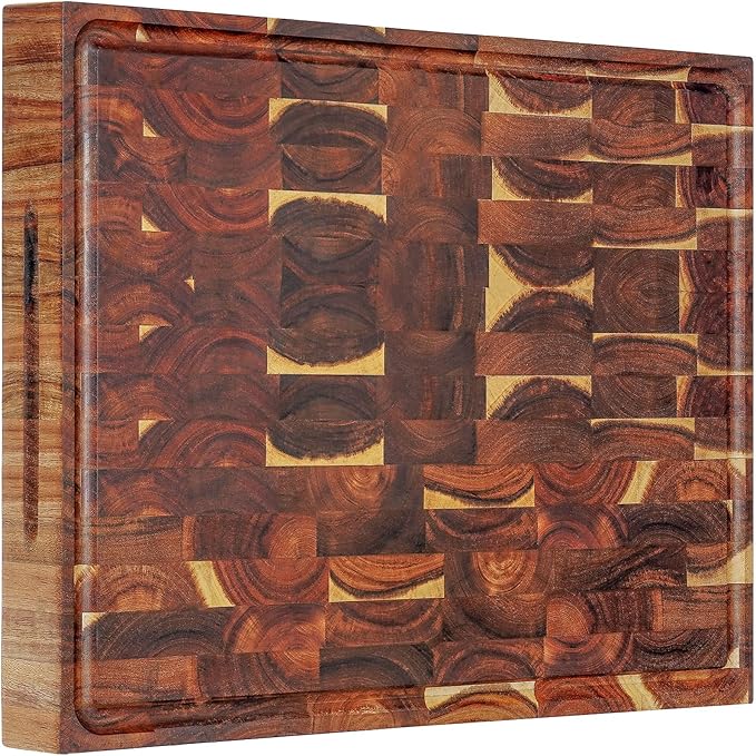 AZRHOM Thick End Grain Acacia Wood Cutting Board 20x15x2 In, Wooden Butcher Block, Chopping Board For Kitchen with Juice Groove Handles Non-Slip Pats (Gift Box)