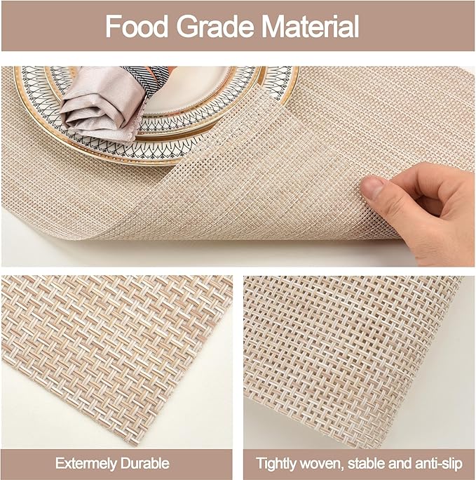 Placemats Set of 8 - Easy Clean Washable Vinyl Placemats - Wipeable Heat Resistant Table Mats for Dining Table - 17.7x11.8 Inch (8, Beige)