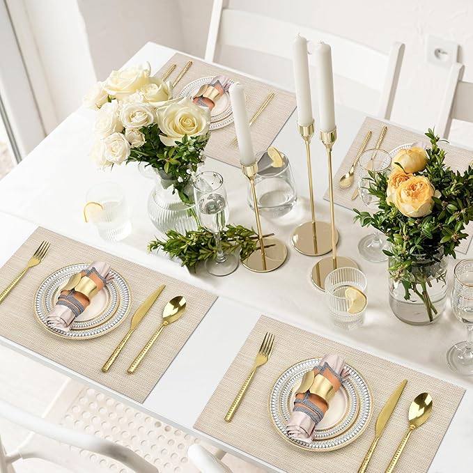 Placemats Set of 4 - Easy Clean Washable Vinyl Placemats - Wipeable Heat Resistant Table Mats for Dining Table - 17.7x11.8 Inch (4, Beige)