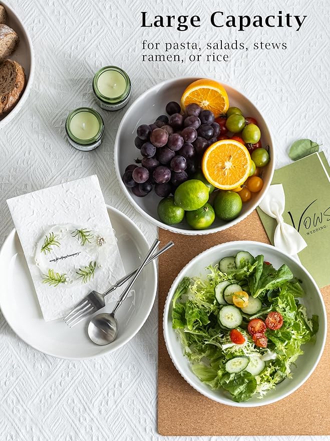 YHOSSEUN 9.75" Pasta Bowls Set of 4, 50 OZ Large Salad Bowl Pasta Plates, Ceramic Serving Bowl Plate White Soup Bowls, Embossed Morning Glory