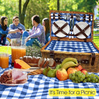 Nature Gear Picnic Basket, Wicker Basket with Handle for Outdoors, Insulated Woven Basket, Includes a Service Kit of Dinnerware & Wine Glasses, Picnic Basket Set for 4 with Blanket, Blue & White