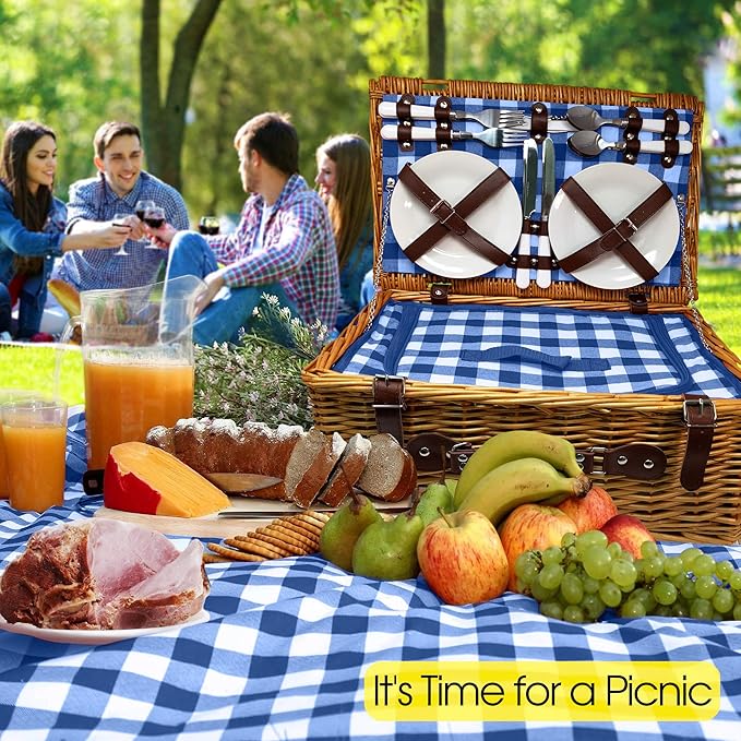 Nature Gear Picnic Basket, Wicker Basket with Handle for Outdoors, Insulated Woven Basket, Includes a Service Kit of Dinnerware & Wine Glasses, Picnic Basket Set for 4 with Blanket, Blue & White