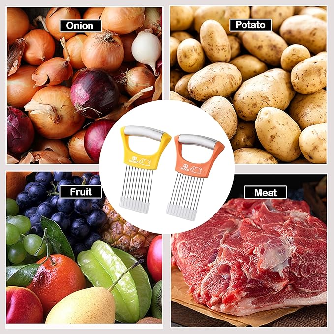 2PCS Onion Slicer Holder, Kaloo Stainless Steel Onion Cutter for Slicing and Storage Onions, Tomato, Vegetable and Eggs, Protective Cover Included, Dishwasher Safe (Stylish Orange+ Yellow Color)