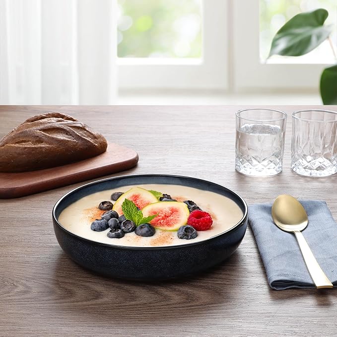 E-far Pasta Bowls Set of 4, 35oz Ceramic Large Salad Plate Bowls for Kitchen, Wide and Shallow Design for Serving Soup Pasta, Double Reactive Glaze, Dishwasher & Microwave Safe, Deep Sea Blue