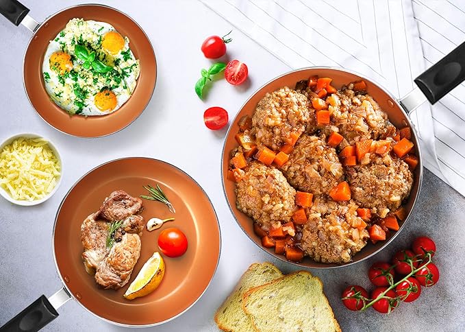 Utopia Kitchen Nonstick Cookware 3 Piece Set, Non-Stick Frying Pans with Induction Bottom, 8, 9.5 & 11 Inches Frying Pans with Bakelite Handles, PFOA Free, Grey & Copper