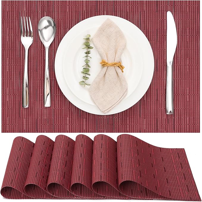 Myir JUN Placemats Set of 6, Vinyl Woven Placemats Place Mats Indoor Washable Table Mats Non-Slip Place mats for Dining Table (Red, Set of 6)