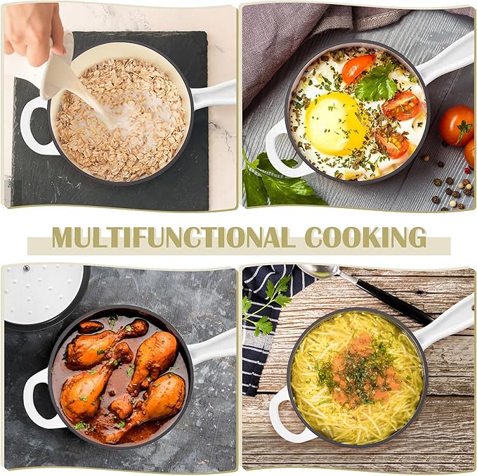 E-far Enameled Cast Iron Sauce Pan, 2 Quart Dutch Oven Saucepan with Lid, Small Sauce Pot for Cooking, Boiling, Healthy & Non Toxic, Induction & Oven Safe, White