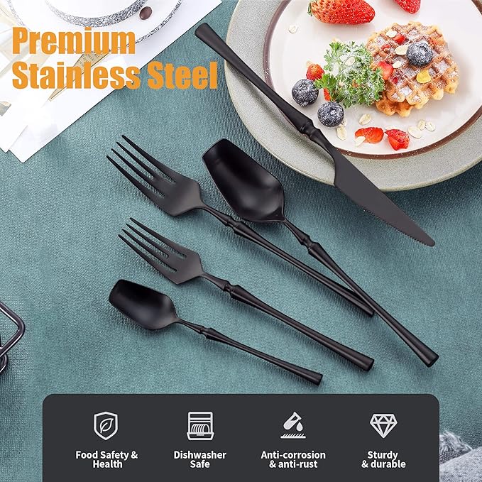 Lemeya 20-Piece Matte Black Silverware Set for 4,Modern 18/10 Stainless Steel Flatware Set,Unique Rustic Cutlery Utensils Set,Spoon and Fork Set for Home, Restaurant,Mirror Polished,Dishwasher Safe