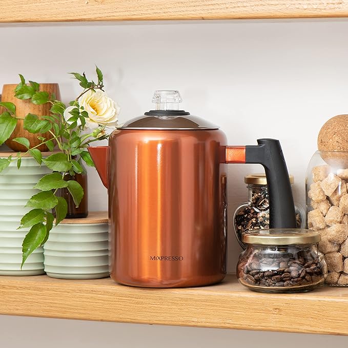 Mixpresso Copper Stainless Steel Coffee Percolator Stovetop, 37oz Classic Percolator Coffee Pot, Great For Camping Pot, 5-8 Cup Stove Top Espresso Maker, Cool-Touch Handle