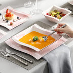 MALACASA Plates and Bowls Sets, 26 Pieces Pink Dinnerware Sets for 6, Porcelain Dinnerware Set with Dinner Plates and Bowls, Serving Platters, Square Dishware Sets, Modern Dish Set, Series Flora