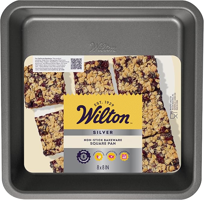 Wilton Silver Non Stick Square Cake Pan, Perfect for Brownies, Sheet Cake, Made without PFAS, Durable Steel, Even Heating, 8 x 8 in, Packaging May Vary