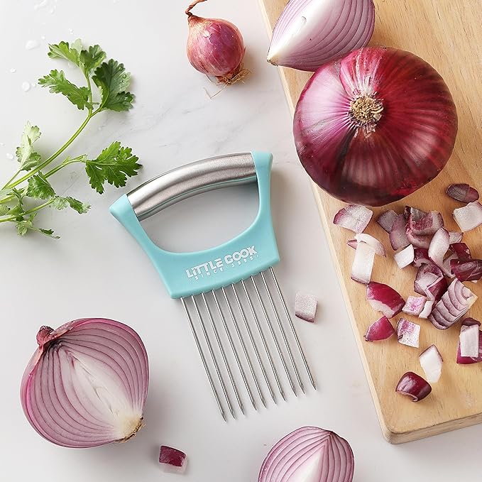 Onion Slicer Cutter, Little Cook Stainless Steel Onion Holder for Slicing and Storage of Onions, Avocados, tomato, Eggs, Dishwasher Safe, Protective Cover Included (Stylish Peapock blue)
