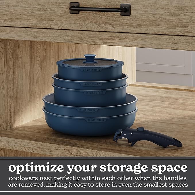 Country Kitchen Cookware Set with Removable Handle, Oven & RV Safe Pots and Pans Set, Denim, Original