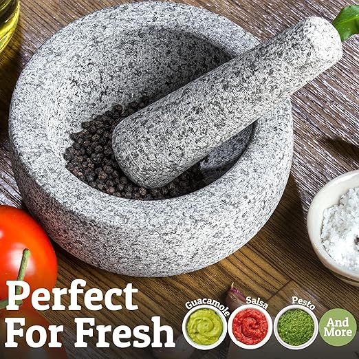 Priority Chef Heavy Duty Extra Large Mortar and Pestle Set, 4 Cup, Hand Carved from Natural Granite, Make Fresh Guacamole, Salsa, Pesto, Stone Grinder Bowl, Herb Crusher, Spice Grinder, Grey
