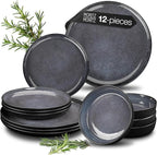 VIDA 12-Piece Porcelain Dinnerware Plate Set for 4 | Includes 4 Dinner Plates, 4 Dessert Plates, 4 Bowls | Modern Blue Ceramic Tableware, Stoneware Look, Microwave & Dishwasher Safe Dishes