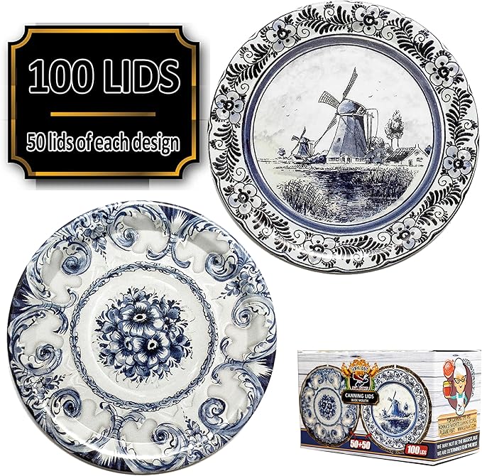 Supa Ant Canning Lids Regular Mouth (100pcs) Decorative Tin Canning Lids Regular Mouth (Vintage Plates) Buckle Proof and Rust Proof - Perfect Fit Can Lid for Mason Jars Canning Supplies