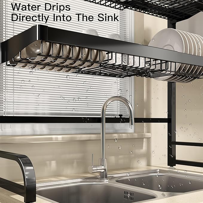 3 Tier Extra Large Stainless Steel Expandable Over The Sink Dish Drainer Drying Rack, Rust Proof Metal, Space Saving, Modern Black Big Capacity Extendable Plate Strainers Above Kitchen Counter