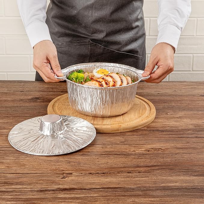 Foil Lux 60 Ounce Pans And Lids, 10 Disposable Pots With Lids - Oven-Ready, Stove Compatible, Aluminum Foil Baking Pans, Freezable, For Outdoor Camping, Vacation, Picnic, And More - Restaurantware