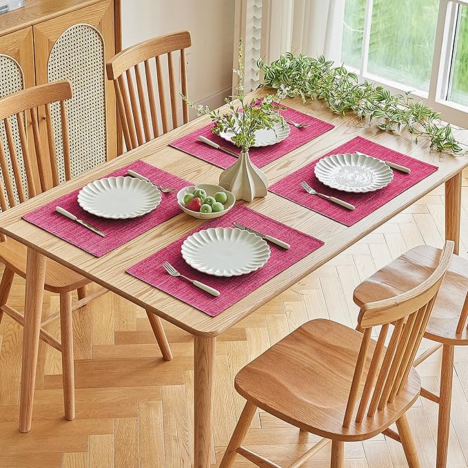 Softalker Faux Linen Placemats Set of 6-12 x 18 Inch, Heat Resistant Double Layered Durable Burlap Farmhouse Place Mats, Non-Slip Washable Rustic Table Mats for Dining, Kitchen, Party（Pink