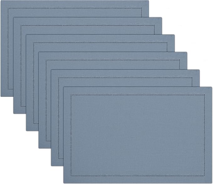 Ruvanti Linen Placemats Set of 6-13x19 Inch, Classic Hemstitch, Heat ‎Resistant Machine Washable Place Mats, Soft & Elegant- Perfect for Christmas, ‎Thanksgiving, Easter, Weddings, Dinner - Grey