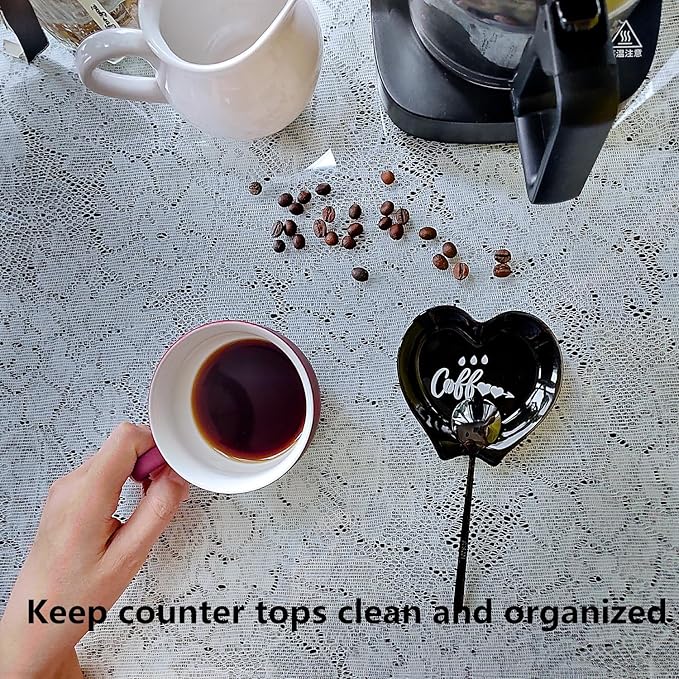 Heart-shaped Coffee Spoon Rest, Mini Coffee Spoon Holder, Small Ceramic Spoon Rest for Coffee Stirrers, Teaspoon, Bar Spoon, Coffee Bar Accessories, Coffee Station (Ture black+black Spoon)