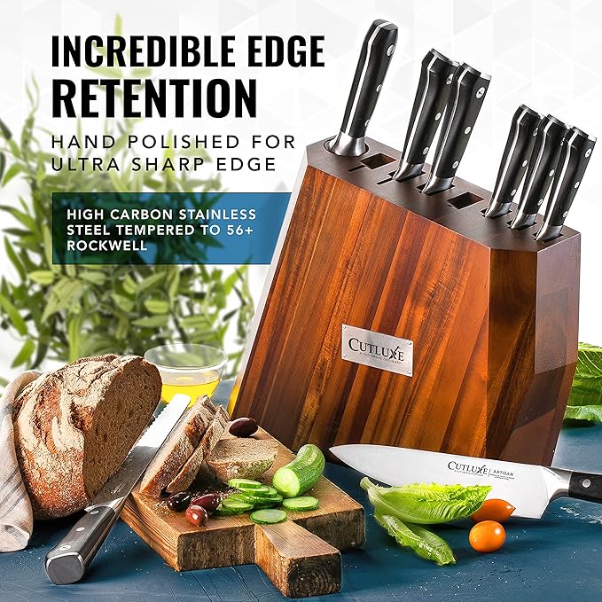 Cutluxe Kitchen Knife Set – 8 Pcs Professional Chef Knife Set with Block – Razor Sharp Knives with Full Tang Design, High Carbon German Steel, Natural Acacia Wood Block – Artisan Series