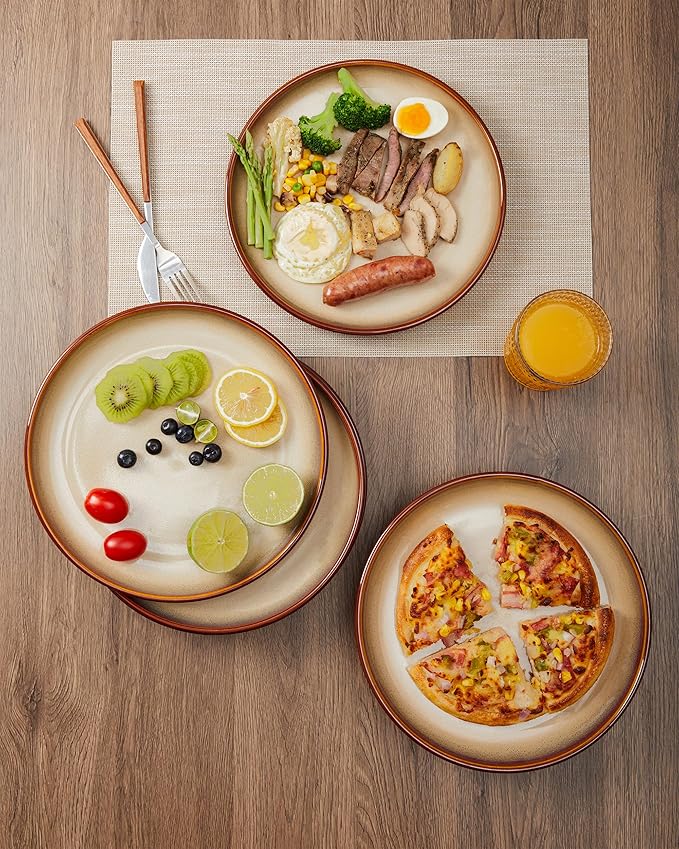 10 Inch Dinner Plates Set of 6, Stoneware Round Salad Dessert Plates, Serving Plates, Microwave & Dishwasher Safe, Brown and Yellow