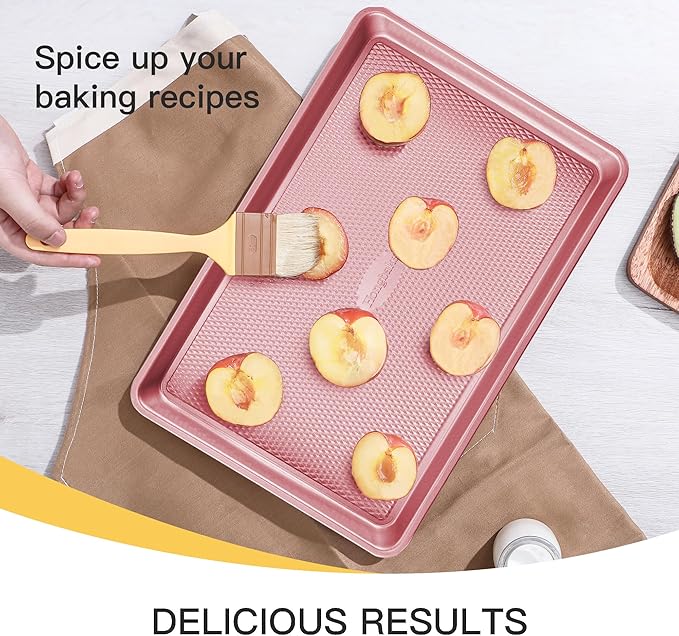 HONGBAKE Baking Sheet Pan Set, Cookie Sheets for Oven, Nonstick Half/Quarter/Jelly Roll Pans with Diamond Texture Pattern, Heavy Duty Cookie Tray, Pink