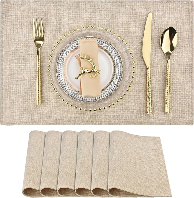 Beige Cloth Placemats Set of 6 - Easy to Clean Fabric Table Placemats - Machine Washable Placemats - Heat Resistant Non-Slip Table Mats (Beige, 6)