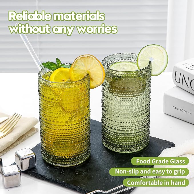 Vintage Glassware Drinking Glasses Set of 6,16oz Hobnail Glass Cups,Embossed Green Water Tumbler,for Cocktail, Juice, Whiskey, Milk and Various Mixed Drinks