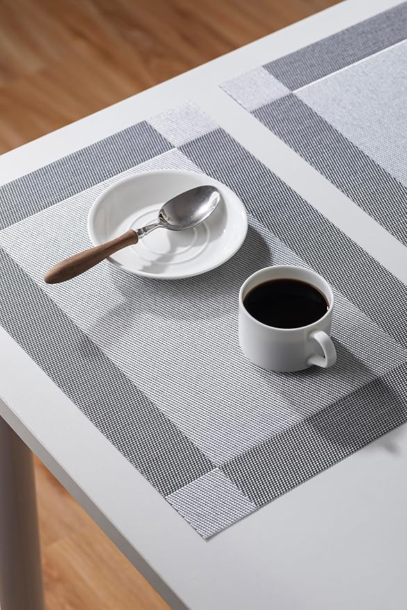 LEXMORE Placemats Set of 8 Vinyl/Plastic Woven Place Mats for Kitchen Table Indoor/Outdoor Washable Placemat Wipeable Dining Table Mats(Silver Cube)
