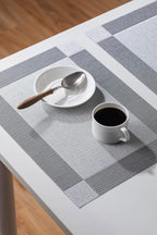 LEXMORE Placemats Set of 6 Vinyl/Plastic Woven Place Mats for Kitchen Table Indoor/Outdoor Washable Placemat Wipeable Dining Table Mats(Silver Cube)
