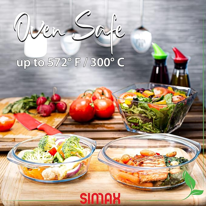 Simax Casserole Dish Set, Set of 2 Casserole Dish with Lid, Round Glass Cookware, Borosilicate Glass, Made In Europe 1 Qt and 1.5 Qt Baking Dishes