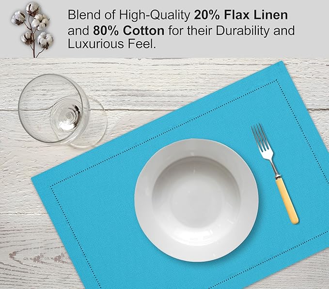 Ruvanti Linen Placemats Set of 6-13x19 Inch, Classic Hemstitch, Heat ‎Resistant Machine Washable Place Mats, Soft & Elegant- Perfect for Christmas, ‎Thanksgiving, Easter, Weddings, Dinner - Blue
