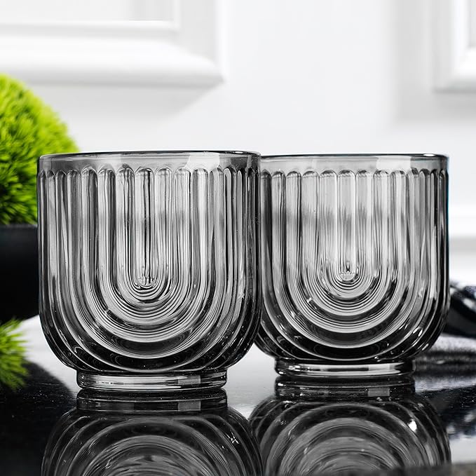 Glaver's Double Old Fashioned Rock Glasses, Set of 4 Smoke Black Whiskey Glasses, 11 oz Art Deco U-Shape Design Embossed Everyday Home Bar Glassware. Art Deco Elegant Kitchen Drinking Glasses.