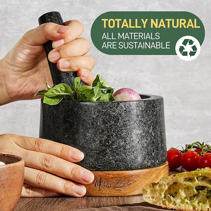 MarcZero 6inch Large Mortar and Pestle Set with Anti-Scratch Wooden Base,Heavy Duty Mortar and Pestle Made of Natural Granite(Black)