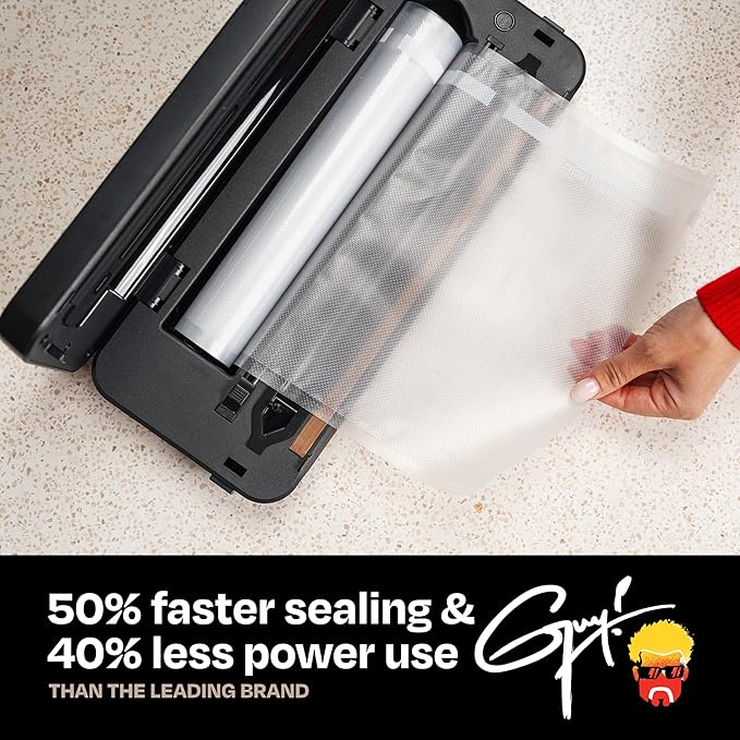 Guy Fieri's Flavortown Compact Vacuum Sealer with Built-In Roll Storage and Dry & Moist Modes - Includes Starter Kit (5) Quart Size Bags, 10ft Roll, and Accessory Hose for Containers and Bottles