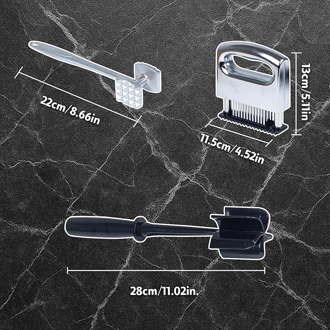 4-Piece Meat Tenderizer Tool – Includes Textured Meat Tenderizer Hammer, Stainless Steel Needle Tenderizer, ABS Mixing Stick & Cleaning Brush – 4-Piece Duty Kitchen Accessories for Steak & Chicken