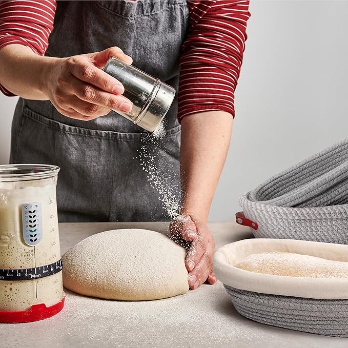 Cotton Rope Banneton Bread Proofing Basket Set, 2 x Oval Bread Basket with Liners & Covers for Artisan Bread Baking, Sourdough Bread Baking Supplies