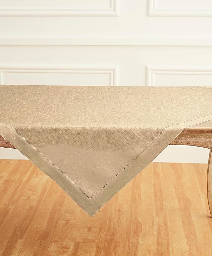 Solino Home Linen Square Tablecloth 52 x 52 Inch - 100% Pure Linen Beige Table Throw - Classic Hemstitch, Machine Washable Table Cloth for Summer, Fall, Autumn