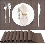 Myir JUN Placemats Set of 8, Vinyl Woven Placemats Place Mats Indoor Set of 8 Washable Table Mats Non-Slip Place mats for Dining Table (Coffee, Set of 8)