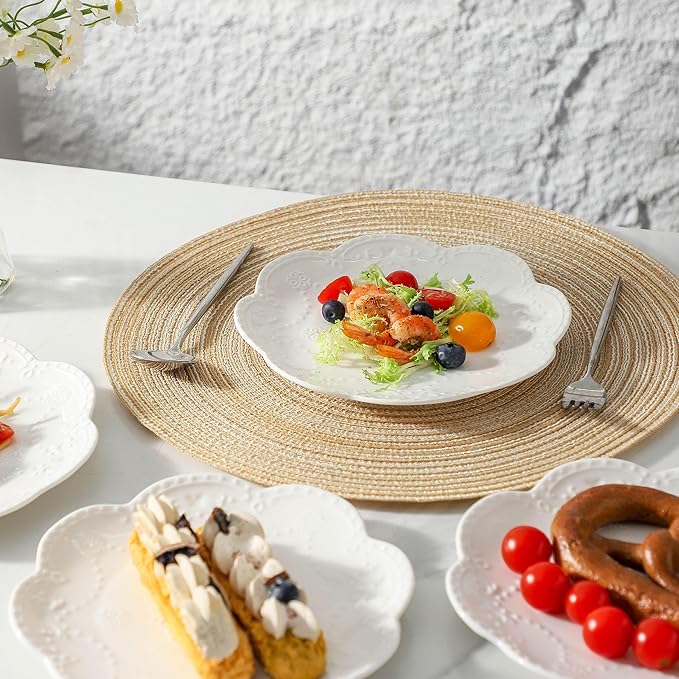 Neaylfe 6-Piece Embossed Ceramic Salad Plates, 8 Inch White Dinner Plates for Kitchen, Lightweight Round Plates, The Dessert, Salad, Appetizer, Small Lunch, etc Plate