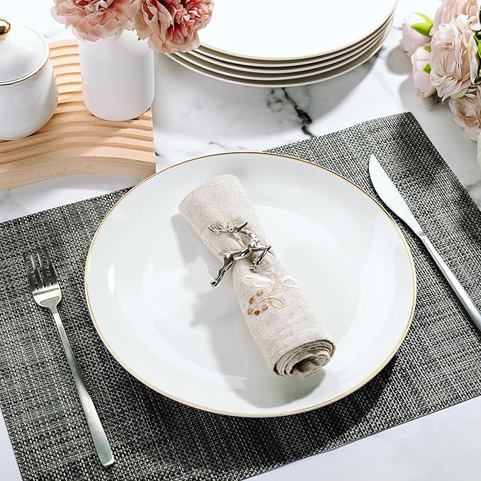 Brew To A Tea - White Porcelain Dinner Plates with Gold Rim, Set of 6, 10.5" Round, Classic Style, Solid Pattern, Durable and Easy to Clean, Not Microwave Safe