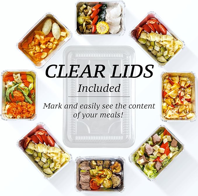 Spare Essentials (110 Pack) 2.25LB Aluminum Containers with Lids 8.5"x6" - Disposable Foil Pans for Takeout, Baking, Freezing, Food Storage - Aluminum Pans, To Go Containers with Plastic Lids