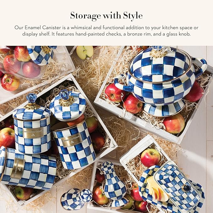 MACKENZIE-CHILDS Small Enamel Canister, Kitchen Storage Container for Flour and Sugar, 1.13 Liters, Blue-and-White Royal Check